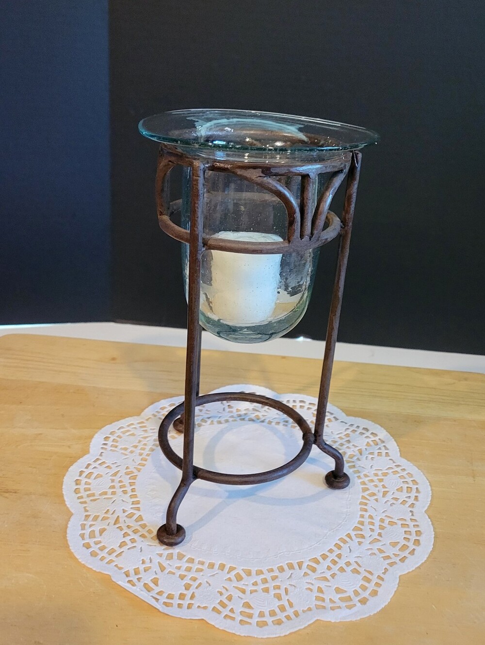Wrought Iron Tripod Stand with Clear Glass Vessel Candle Holder Terrarium